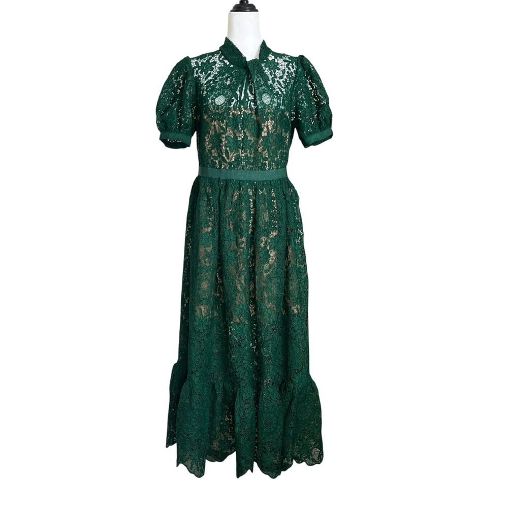 Self-Portrait Green Guipure Lace Midi Dress Women's US 10 Puff Sleeve Formal - Picture 2 of 9